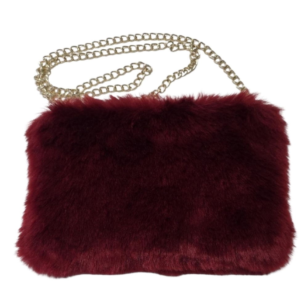 Faux Fur Purse Shoulder Bag With Gold Chain Strap Burgundy Wine Boho Crossbody